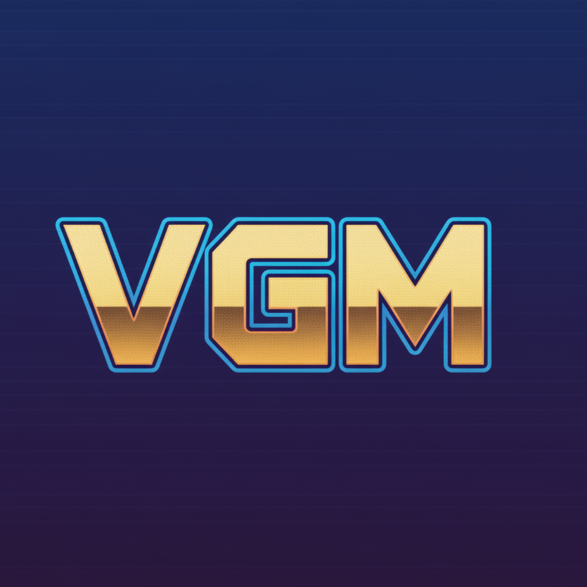 Retro video game style text reading 'VGM' with a neon glow effect on a dark background.