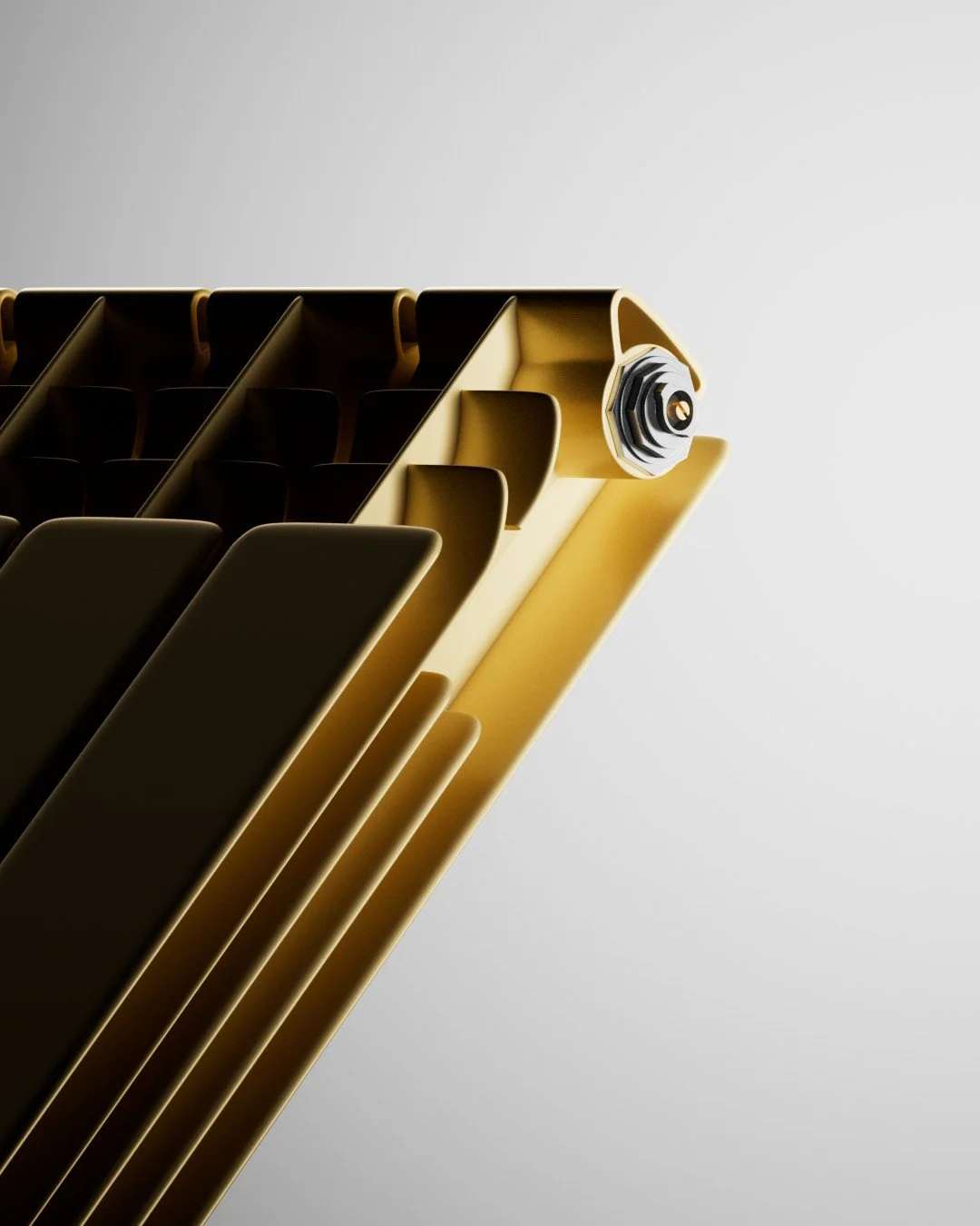 Un radiatore di design con elementi in ottone e una valvola regolatrice.