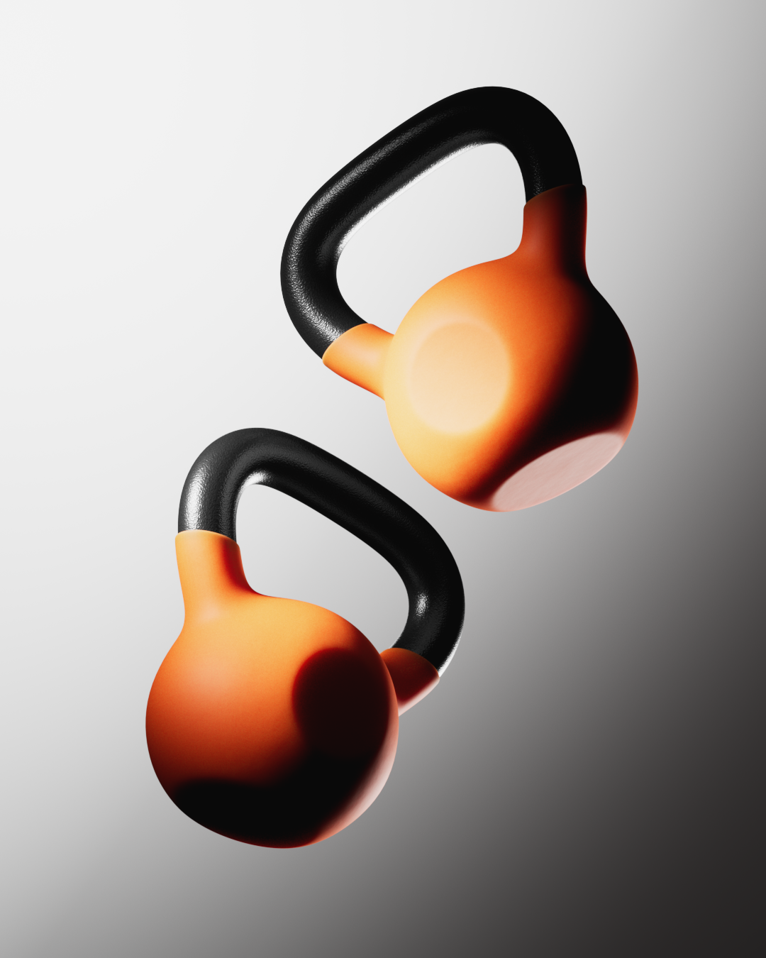 Due kettlebell da allenamento con manici neri e corpo arancione, posizione diagonale su sfondo sfumato