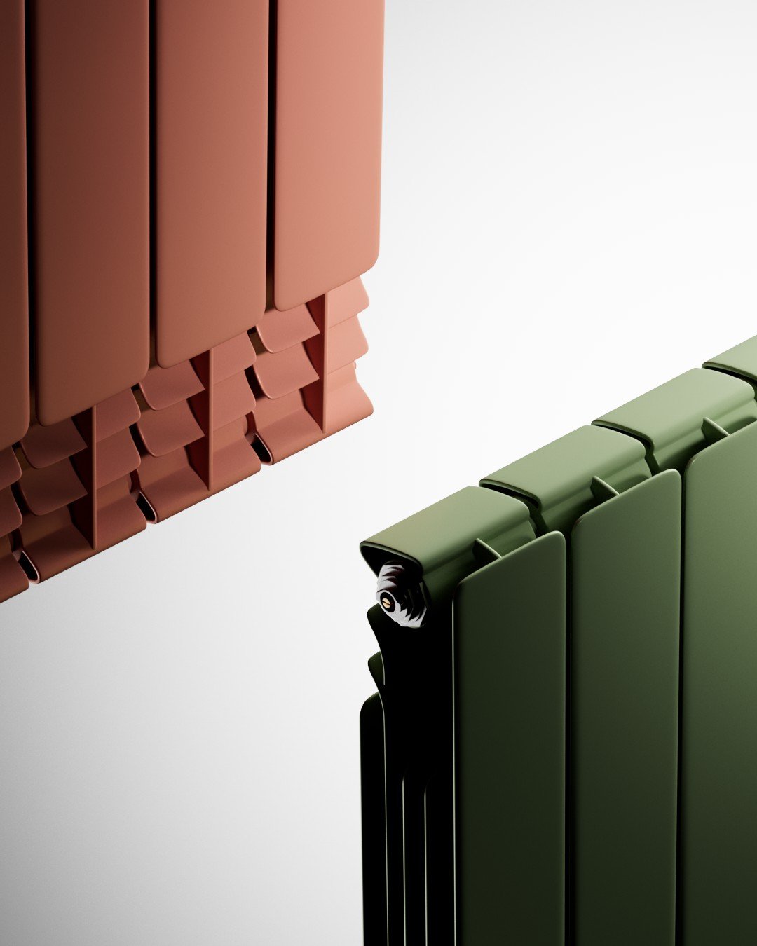 Radiatori di colore rosa e verde visti da vicino contro uno sfondo bianco