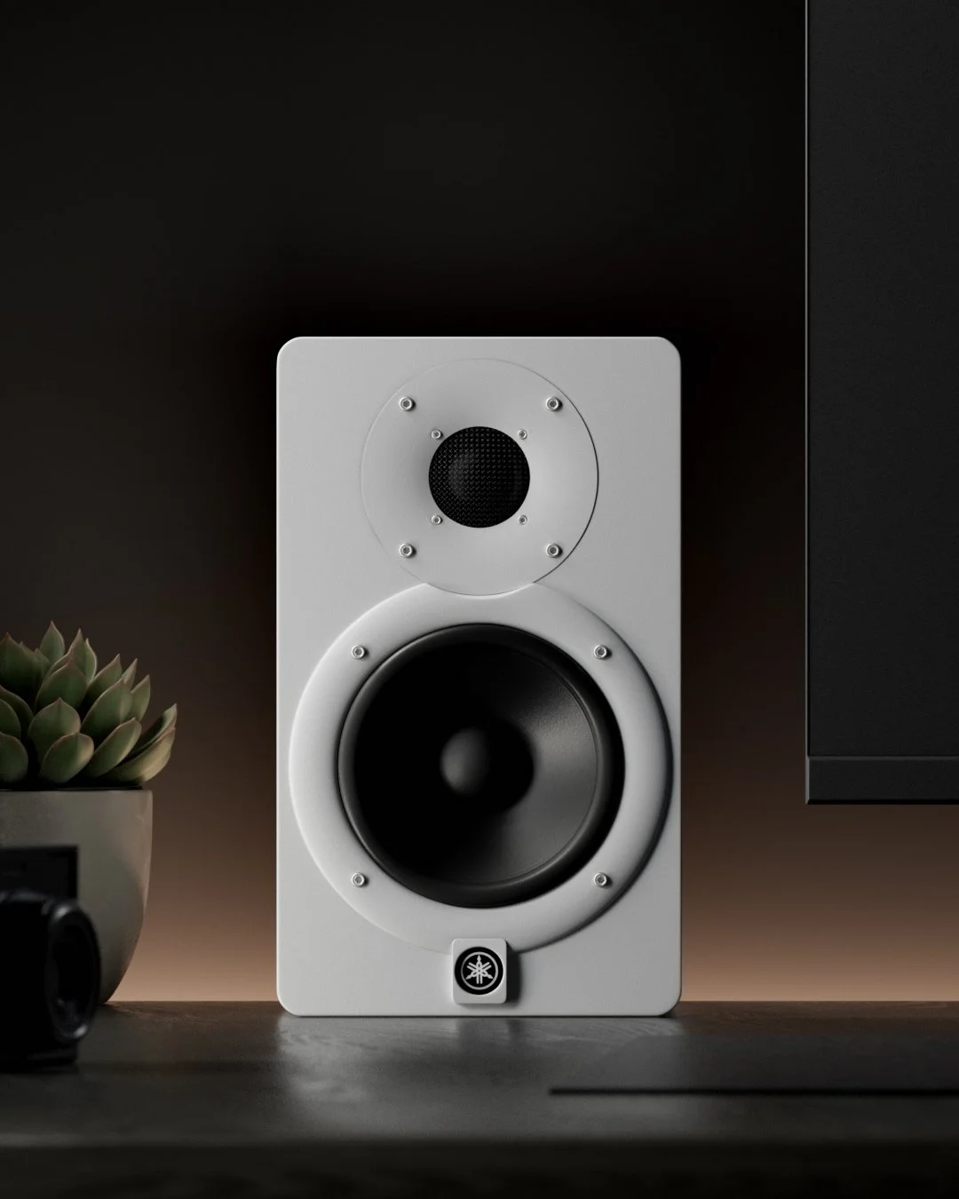 Alto parlante bianco con due driver, uno grande e uno piccolo, su un tavolo di legno con una pianta succulenta a sinistra e uno sfondo scuro.