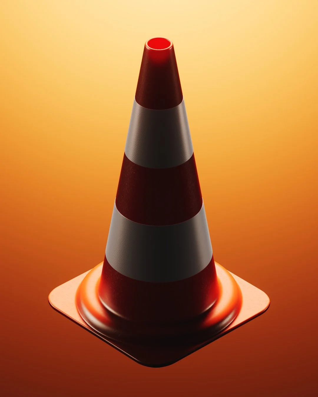 Cono di barriera stradale con fasce rosse e grigie, posizionato su una base quadrata, con uno sfondo arancione sfumato.