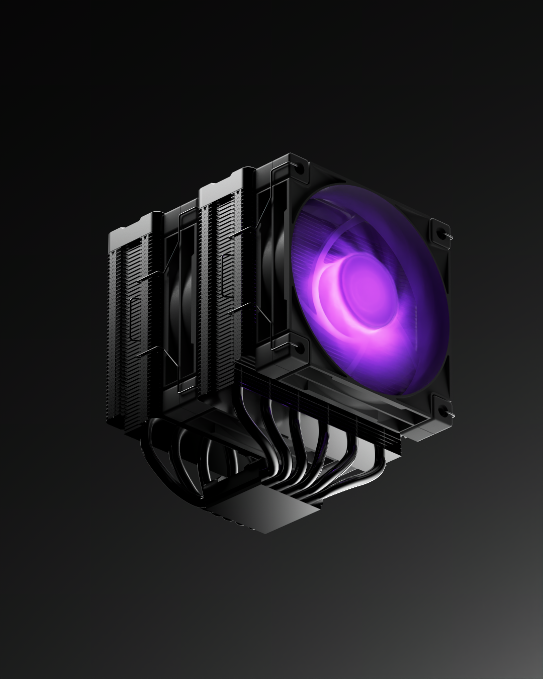 Un dissipatore per CPU con ventola luminosa viola in funzione, visibile contro uno sfondo nero.