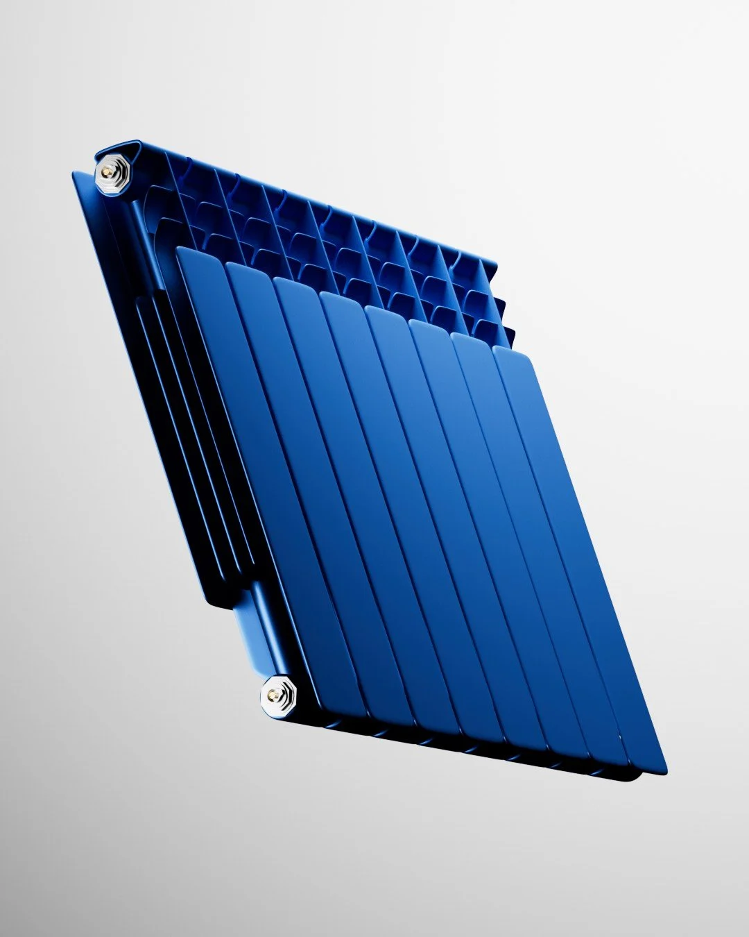 Radiatore blu con design moderno e pannelli piani, in prospettiva da sotto a sopra