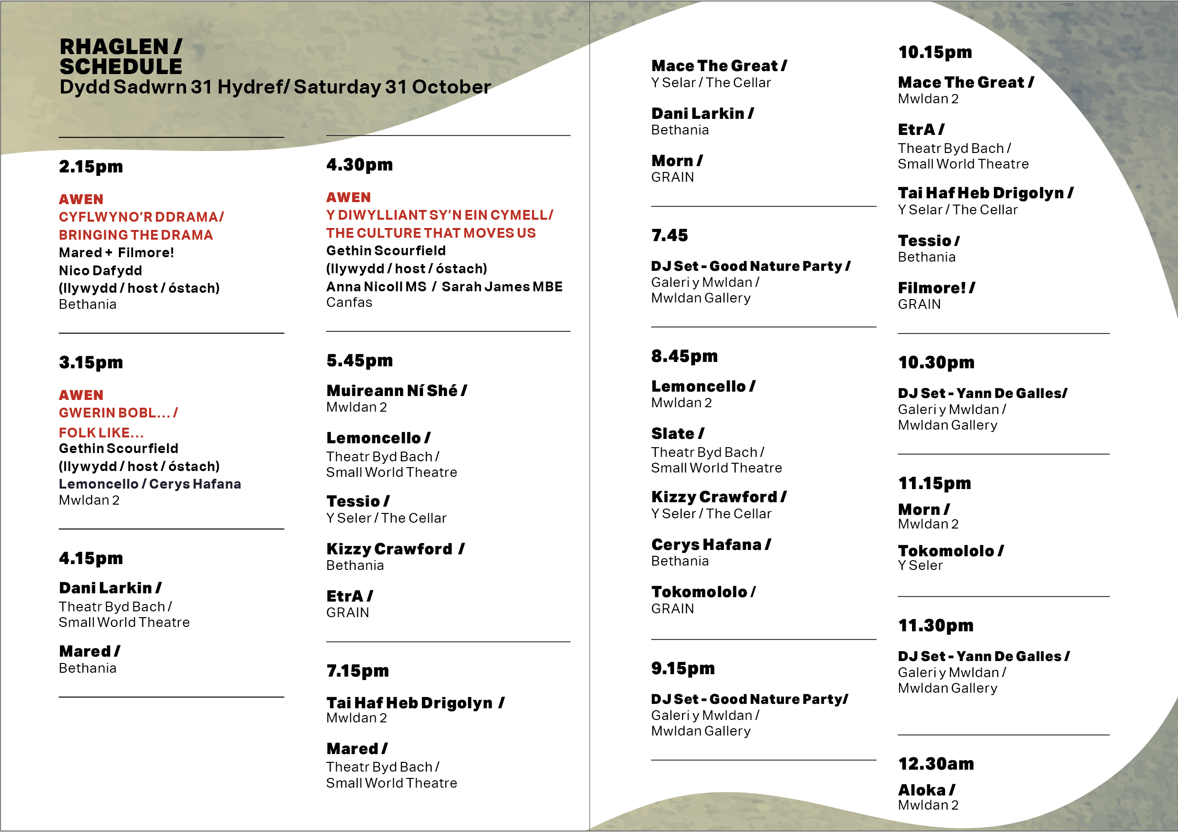 Saturday schedule for Gŵyl ABERTEIFI LIVE