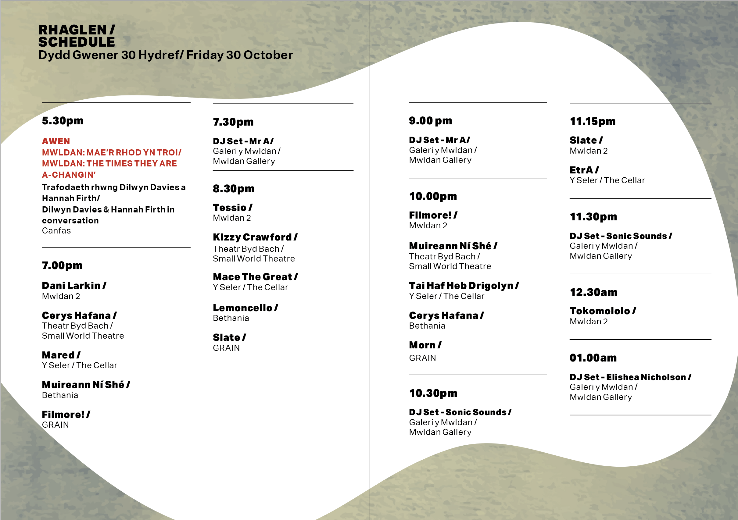 Friday schedule for Gŵyl ABERTEIFI LIVE