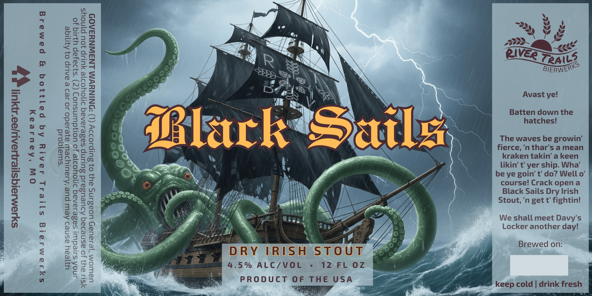 A ship battling large green kraken tentacles during a storm with lightning in the sky, promotional label for 'Black Sails' dry Irish stout beer, and text describing the product and a pirate-themed poem welcoming drinkers.