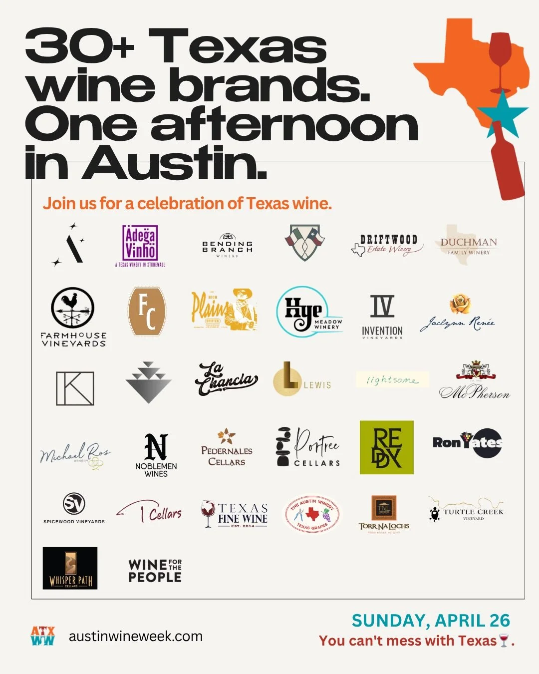 AUSTIN! We&rsquo;ve added MORE wineries to this lineup. On April 26, taste wine from more than 30 Texas wines brands in one afternoon and meet the makers behind them. Don&rsquo;t miss this one! Come for the wine, stay for the vibe. Grab yours at aust