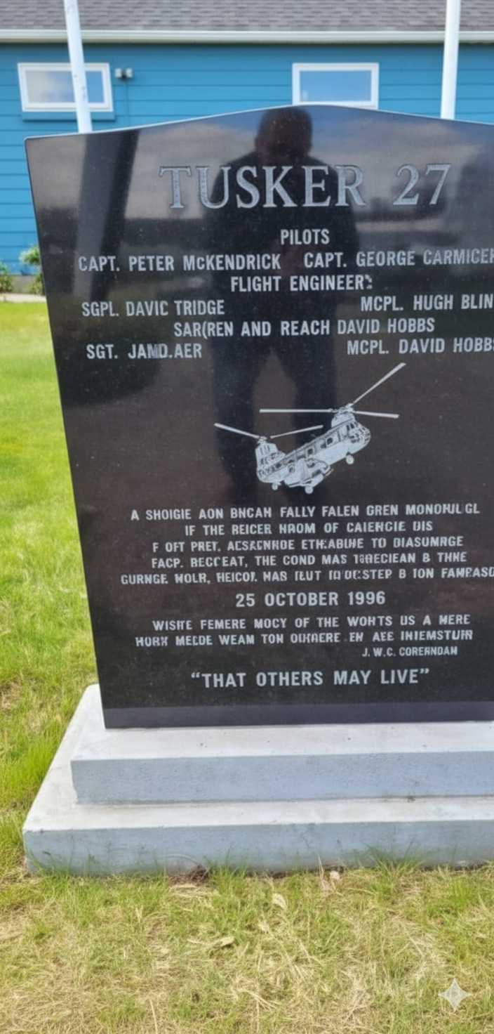 A black memorial plaque dedicated to Tusker 27, listing pilot names, crew members, and a graphic of a helicopter, with an inscription and a date of October 25, 1996, in front of a blue house and grass.