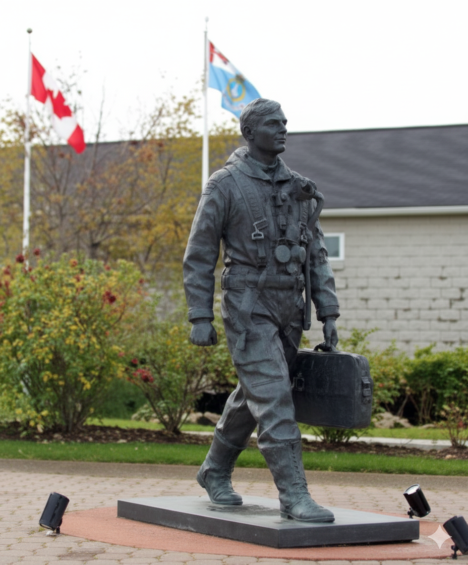 Bronze statue of a soldier in uniform carrying a briefcase and a backpack, walking with purpose, outdoors with flags and trees in the background.