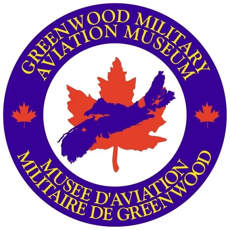 Logo for Greenwood Military Aviation Museum at 14 Wing Greenwood, featuring a maple leaf with a silhouette of Nova Scotia in the centre of the logo and text in English and French.