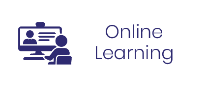 Icon of a person in front of a computer screen with a profile and text, next to the text 'Online Learning'