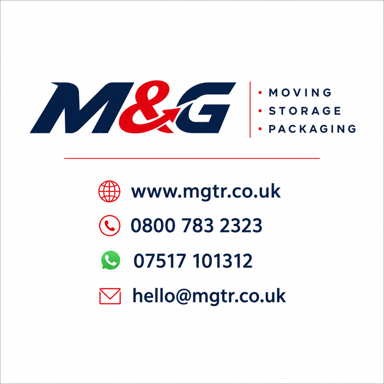 Logo and contact information for M&G, a moving, storage, and packaging company. Includes website URL, phone numbers, WhatsApp, and email.