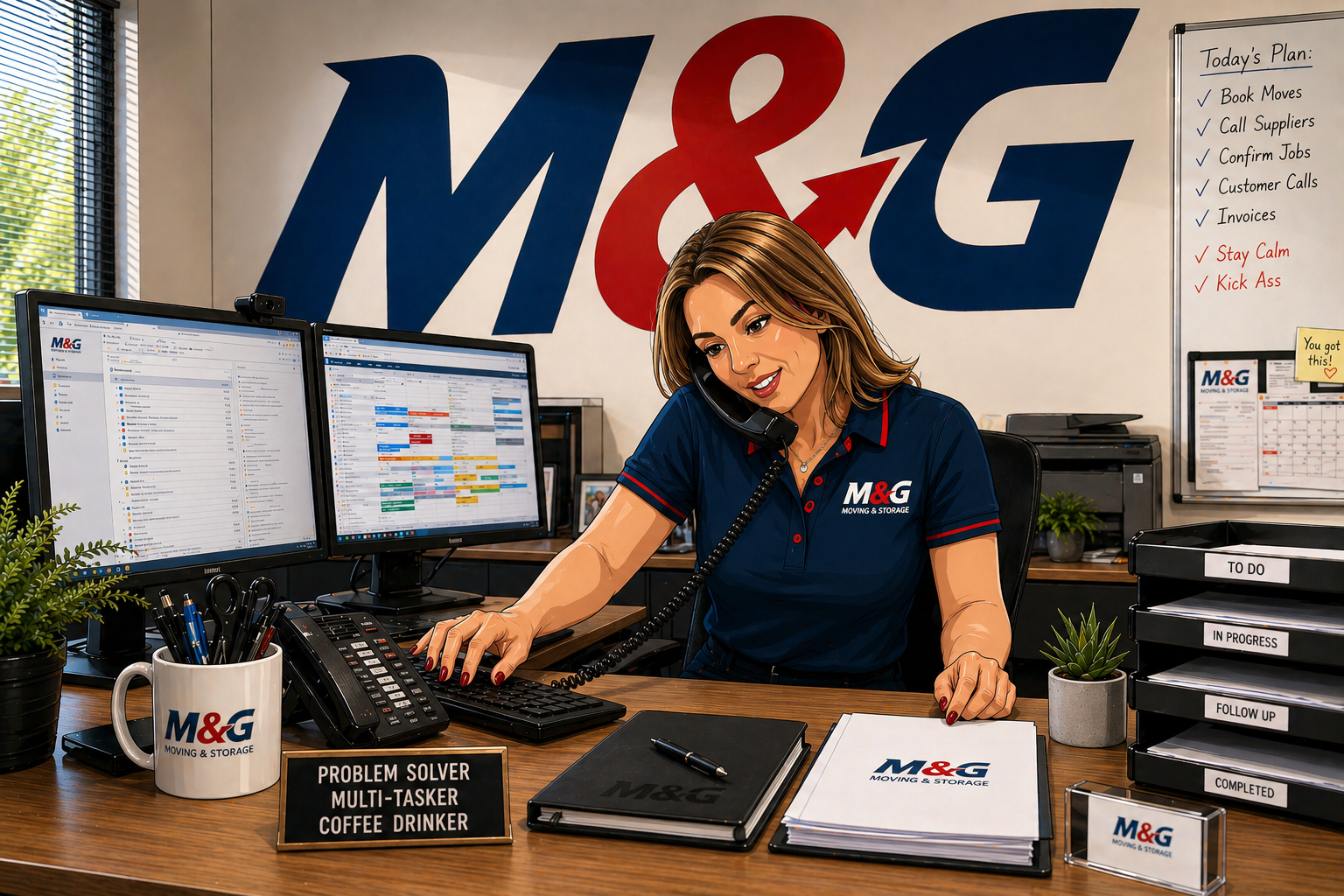 An office worker at M&G Moving & Storage talking on a telephone, surrounded by dual computer monitors, a mug, plant, and office supplies, with a whiteboard behind with daily tasks and a large M&G logo on the wall.