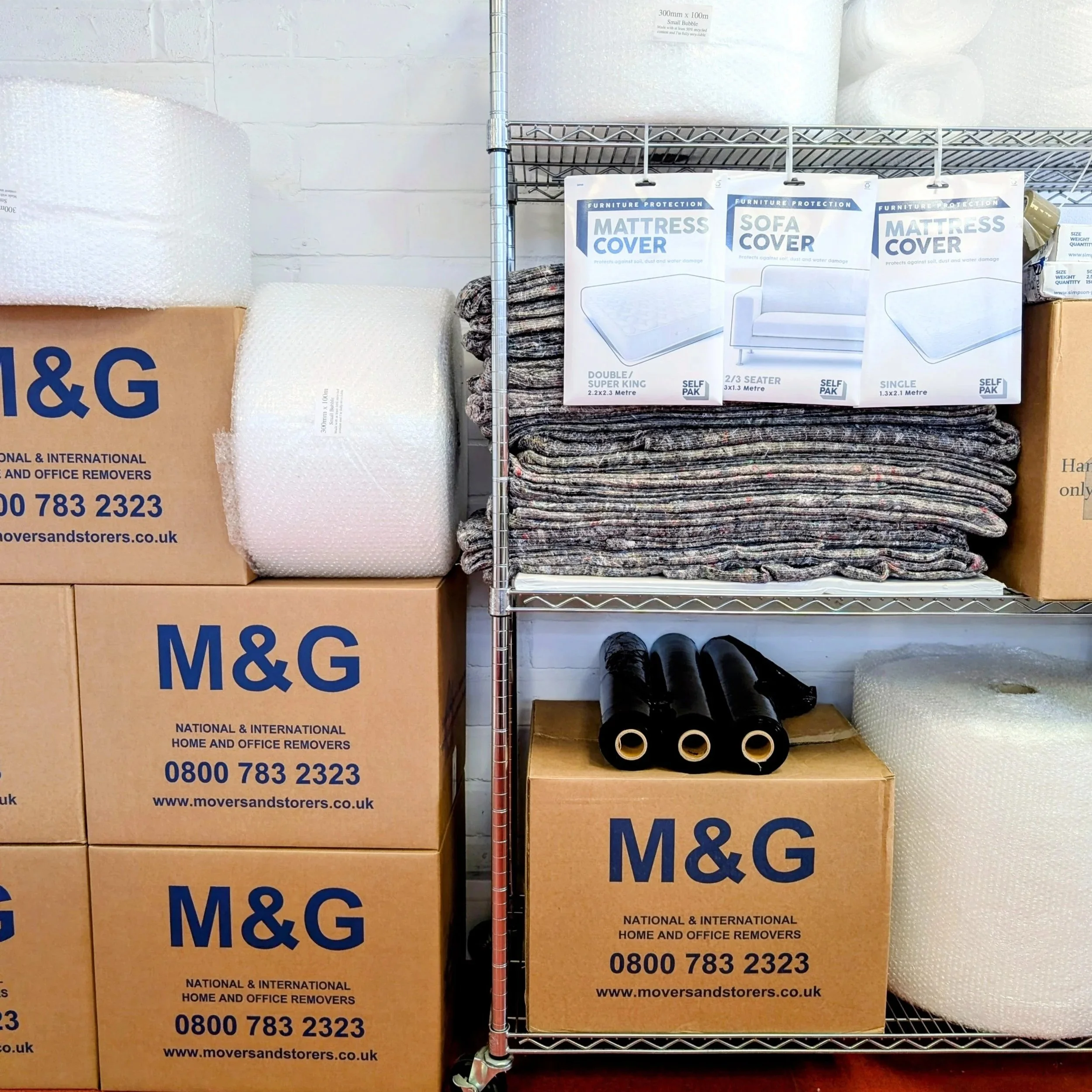 Selection of packing matierlas boxes bubble wrap shirnk and tape