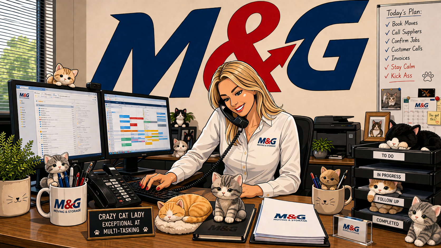 Illustration of a woman working at an office desk surrounded by kittens and office supplies. She is talking on the phone, with dual monitors, a plant, and various organized paper trays labeled 'TO DO', 'IN PROGRESS', 'FOLLOW UP', and 'COMPLETED'. A whiteboard behind her lists daily tasks, and a large 'M & G' logo is on the wall. The woman wears a white shirt with the company logo, and a sign on the desk reads 'CRAZY CAT LADY EXCEPTIONAL AT MULTI-TASKING'.