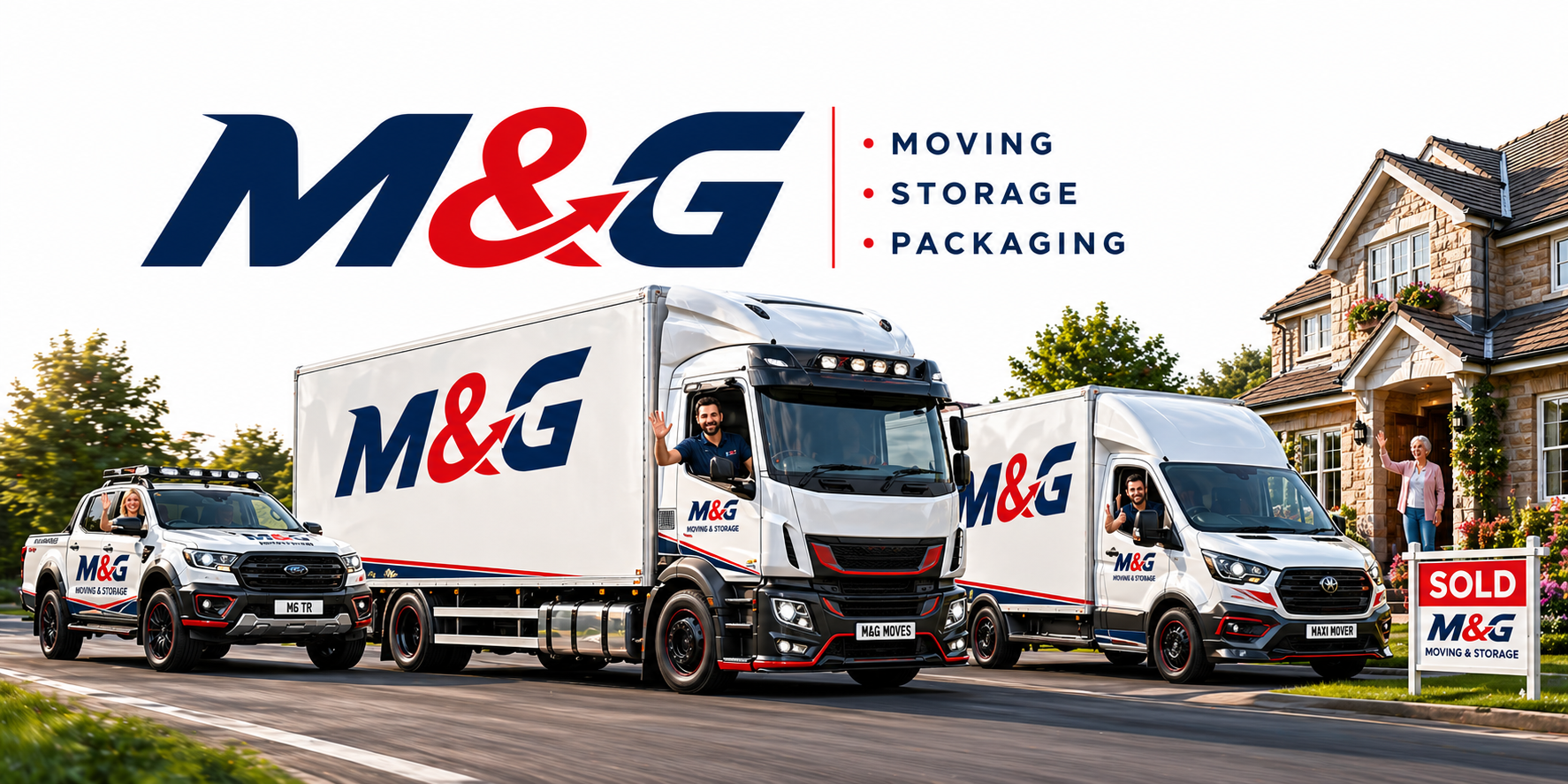 M&G moving trucks with company branding parked in front of a house, with two people waving from the trucks and a woman waving by the house. A sign indicates the house is sold by M&G Moving & Storage. The sky is clear and the scene is bright.