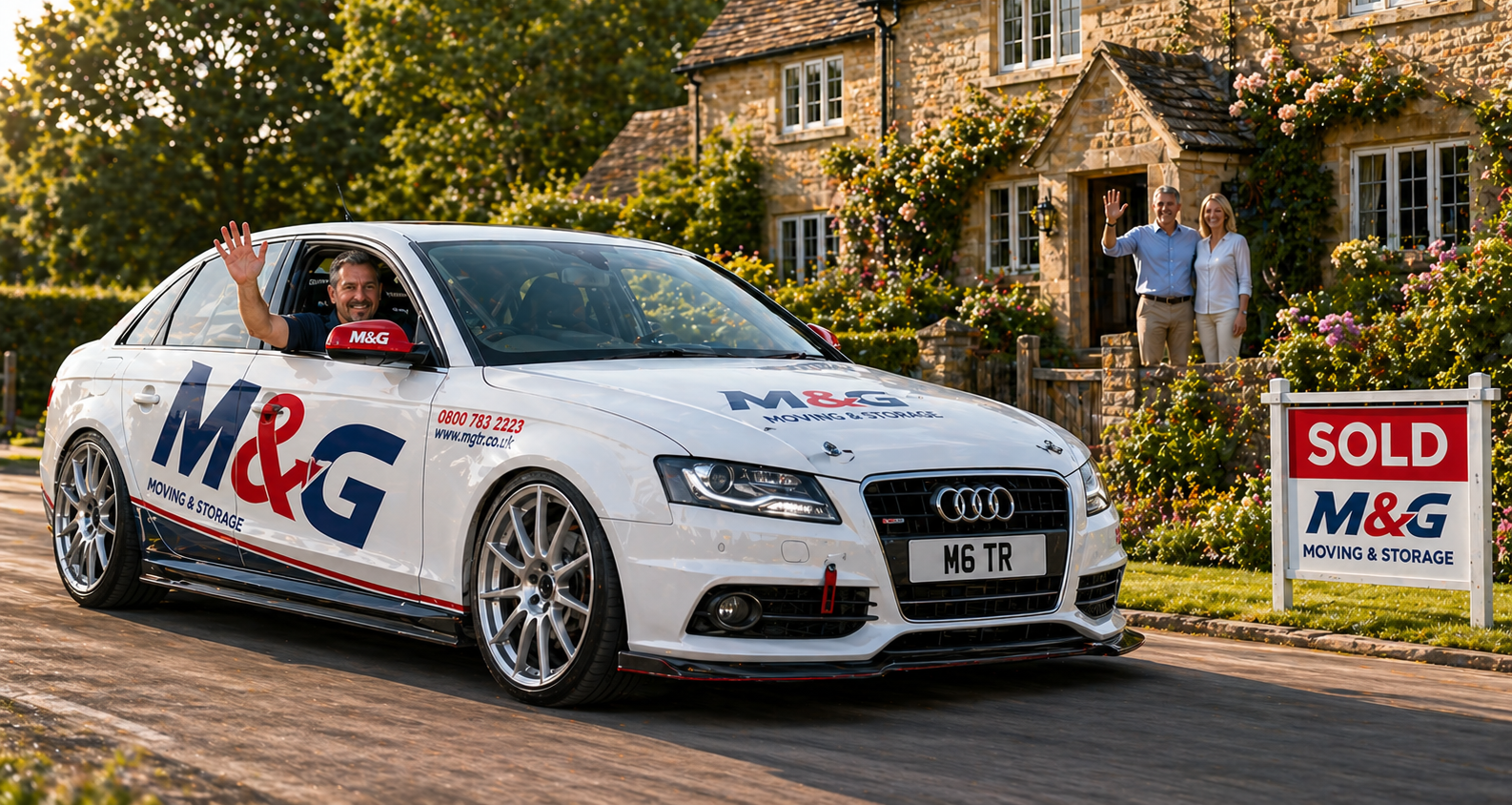 A white Audi car with 'M&G Moving & Storage' branding, parked in front of a house with flowers. Inside the car, a man waves. Two people, a man and a woman, stand outside the house near a 'SOLD' sign, waving. The scene suggests a home sale and moving process.
