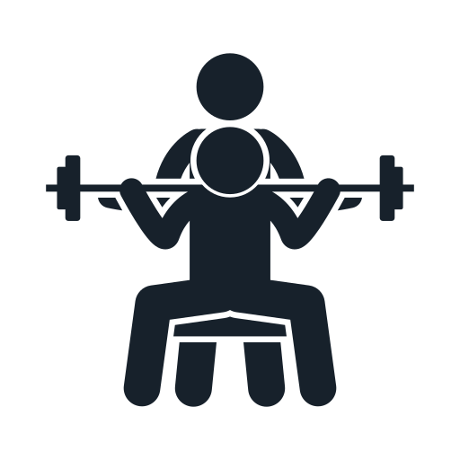 Silhouet van een persoon die in een sportschool op een stoel zit en een barbell omhoog tilt.