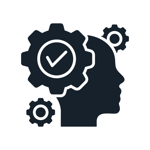 Een icon van een menselijk hoofd met tandwielen en een controlekaart, symbool voor denken of probleemoplossing.