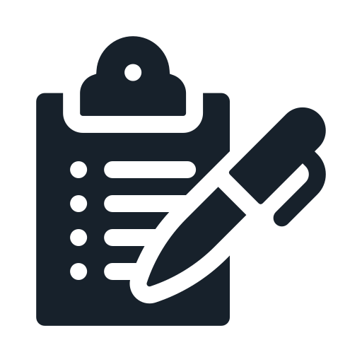 Icon van een clipboard met een pen erover.