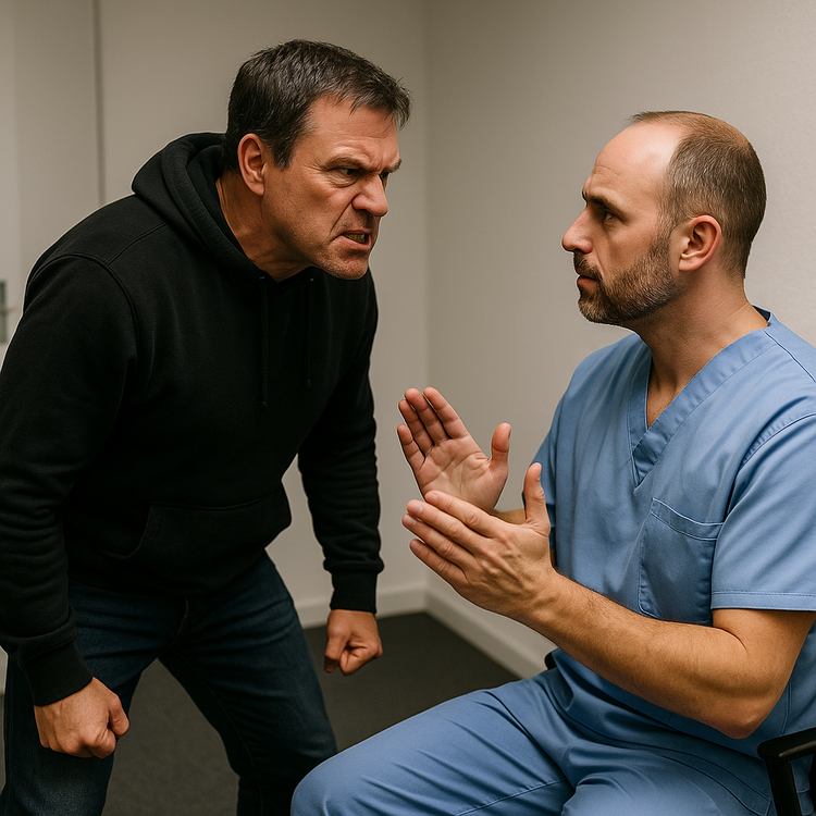 Man in zwart hoodie lijkt boos en verdedigt zich tegen nurse in blue uniform die kalm probeert te praten.