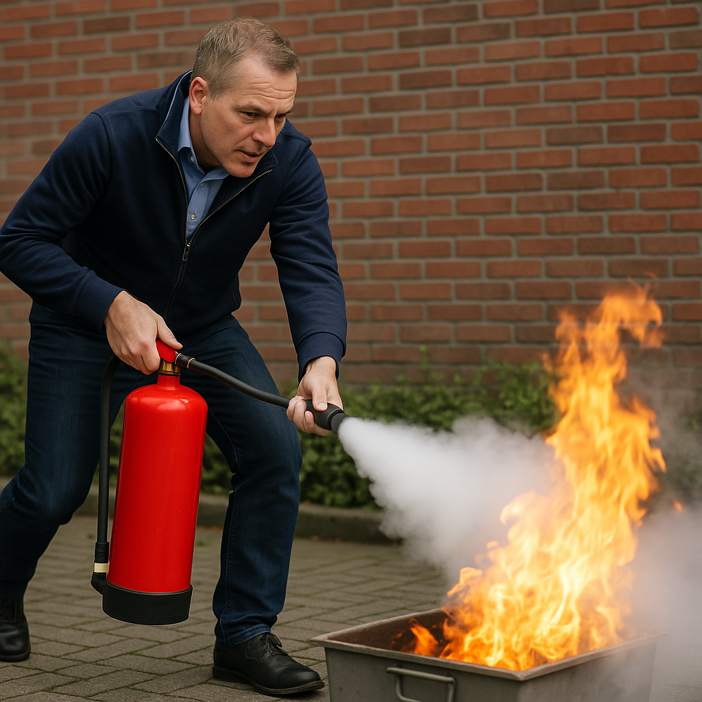 Man die een vuur bestrijdt met een brandblusser voor een brand in een metalen bak buiten.