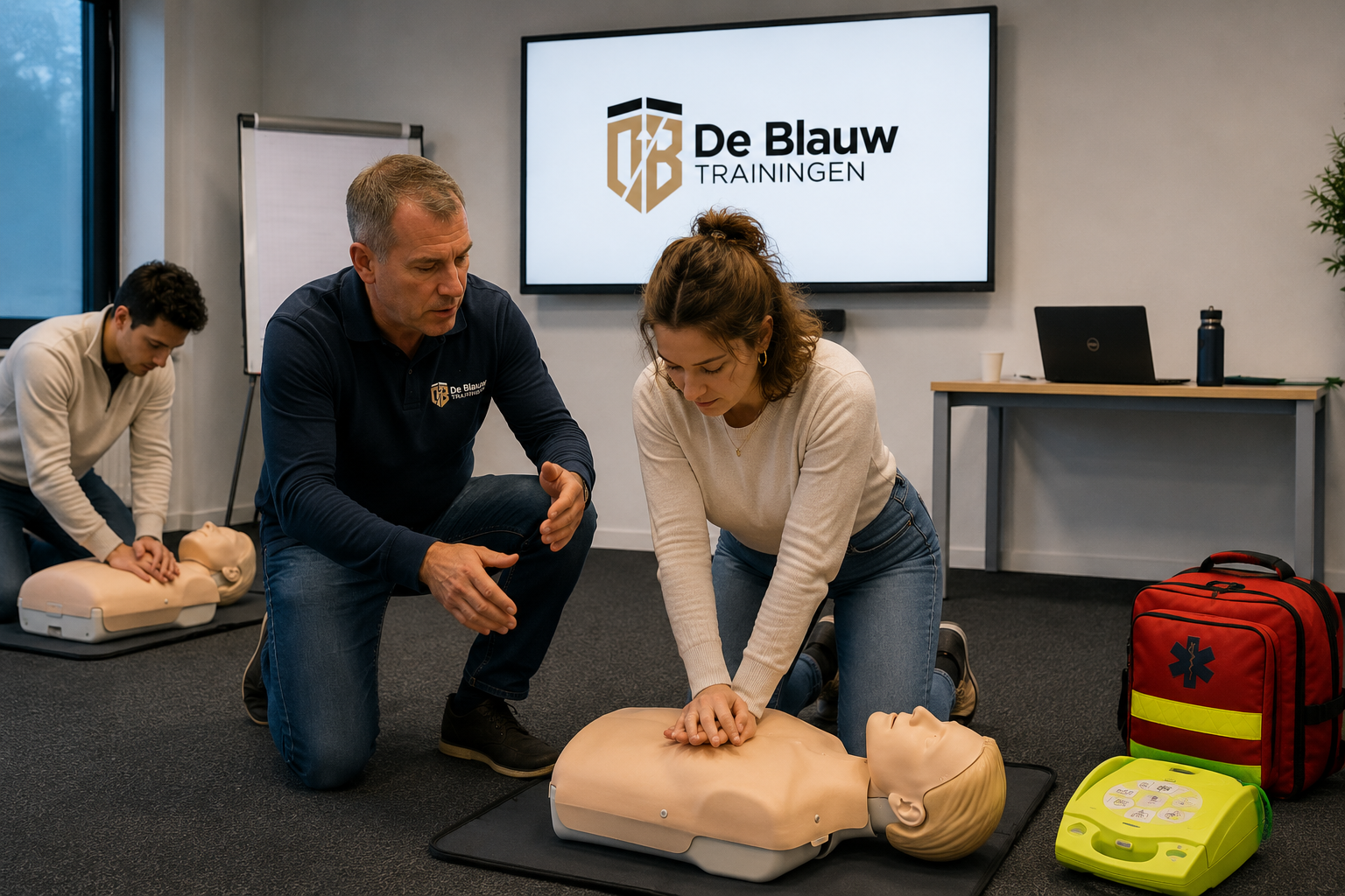 Persoon voert reanimatie uit op een reanimatiepop tijdens een BHV training.