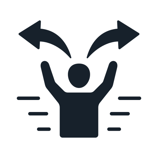 Een pictogram van een persoon die zich spreidt met twee pijlen die naar links en rechts wijzen boven het hoofd, symboliseert keuze of opties.