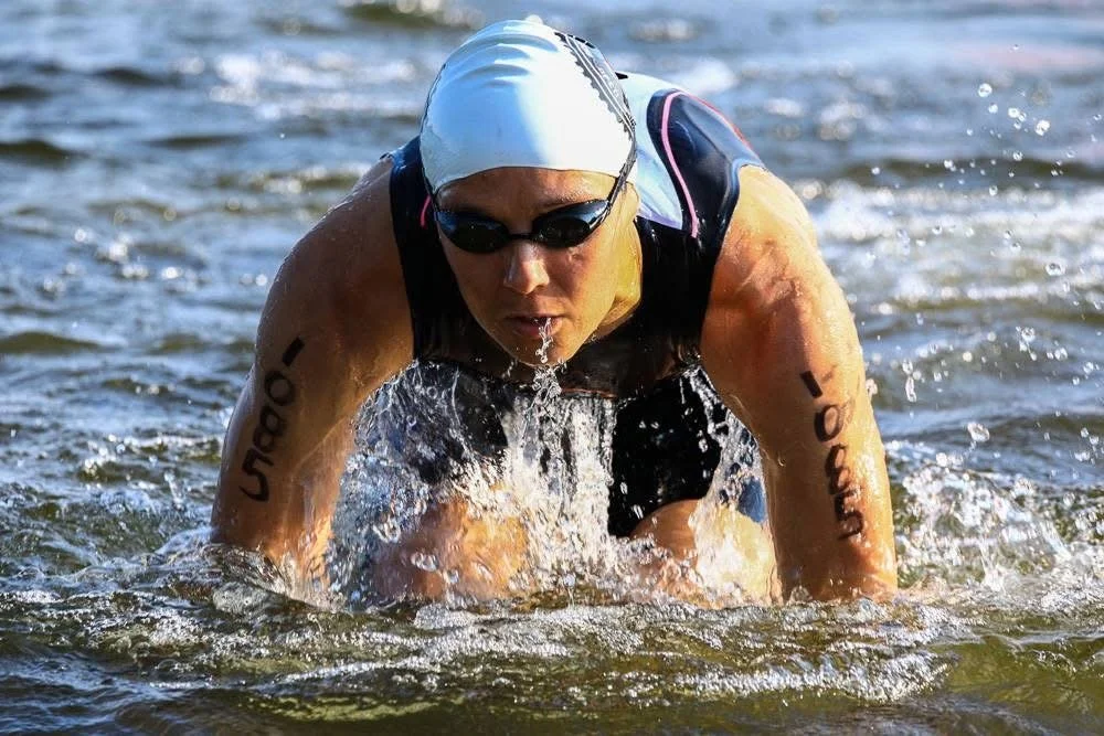 Dr. Hannah DePaul exiting swim at triathlon