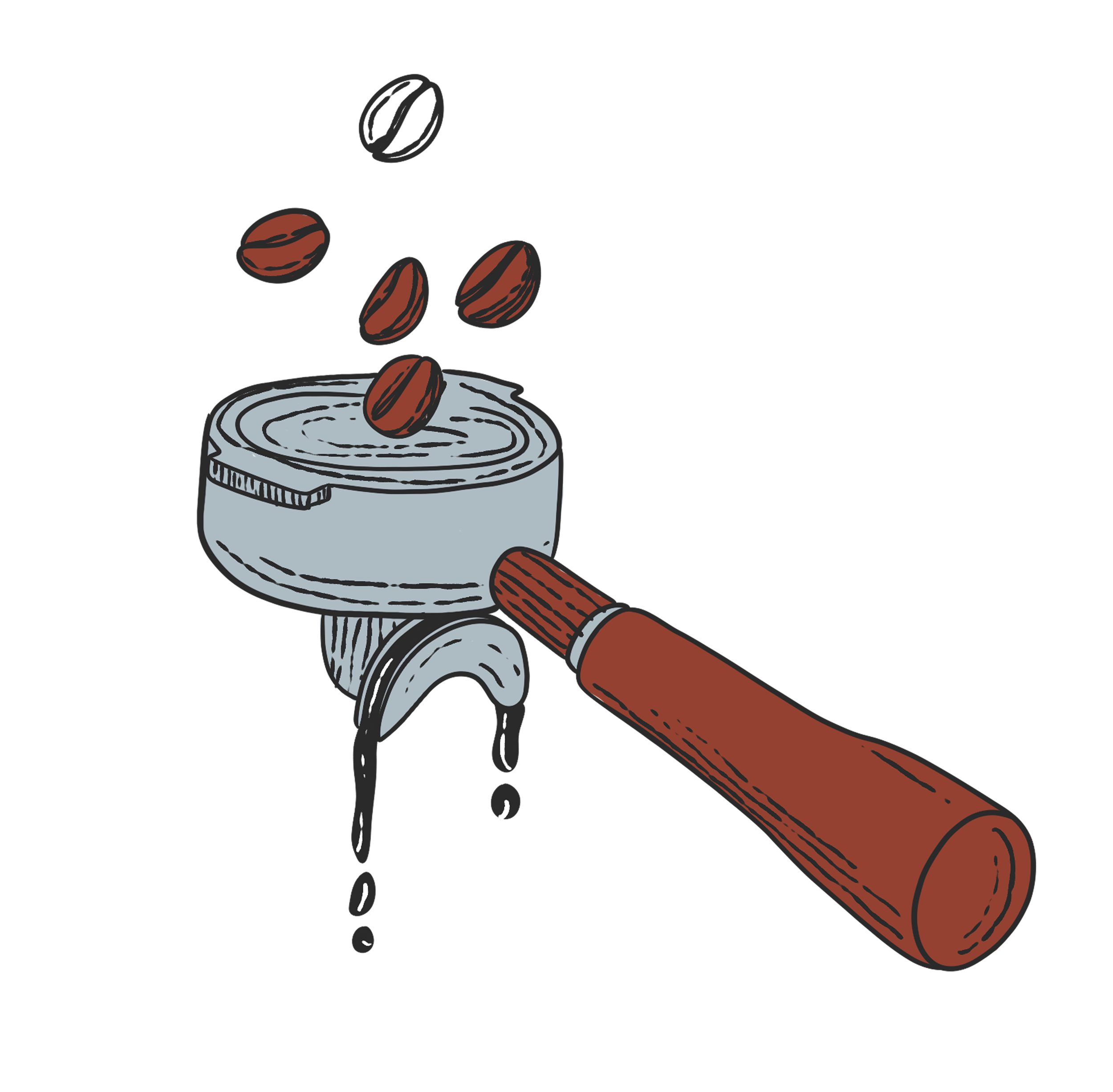 Illustration of a coffee bean grinder with coffee beans falling into the metal part, with coffee beans and coffee being poured out.