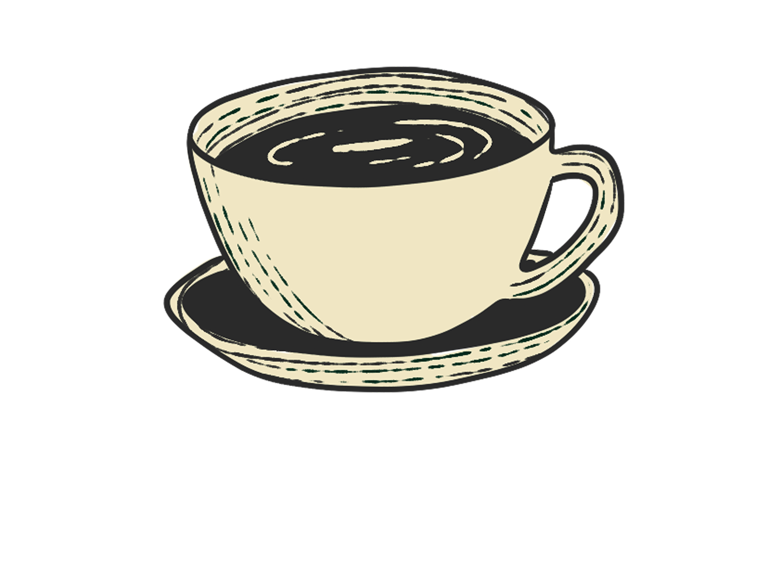 Illustration of a white coffee cup filled with black coffee on a matching saucer.
