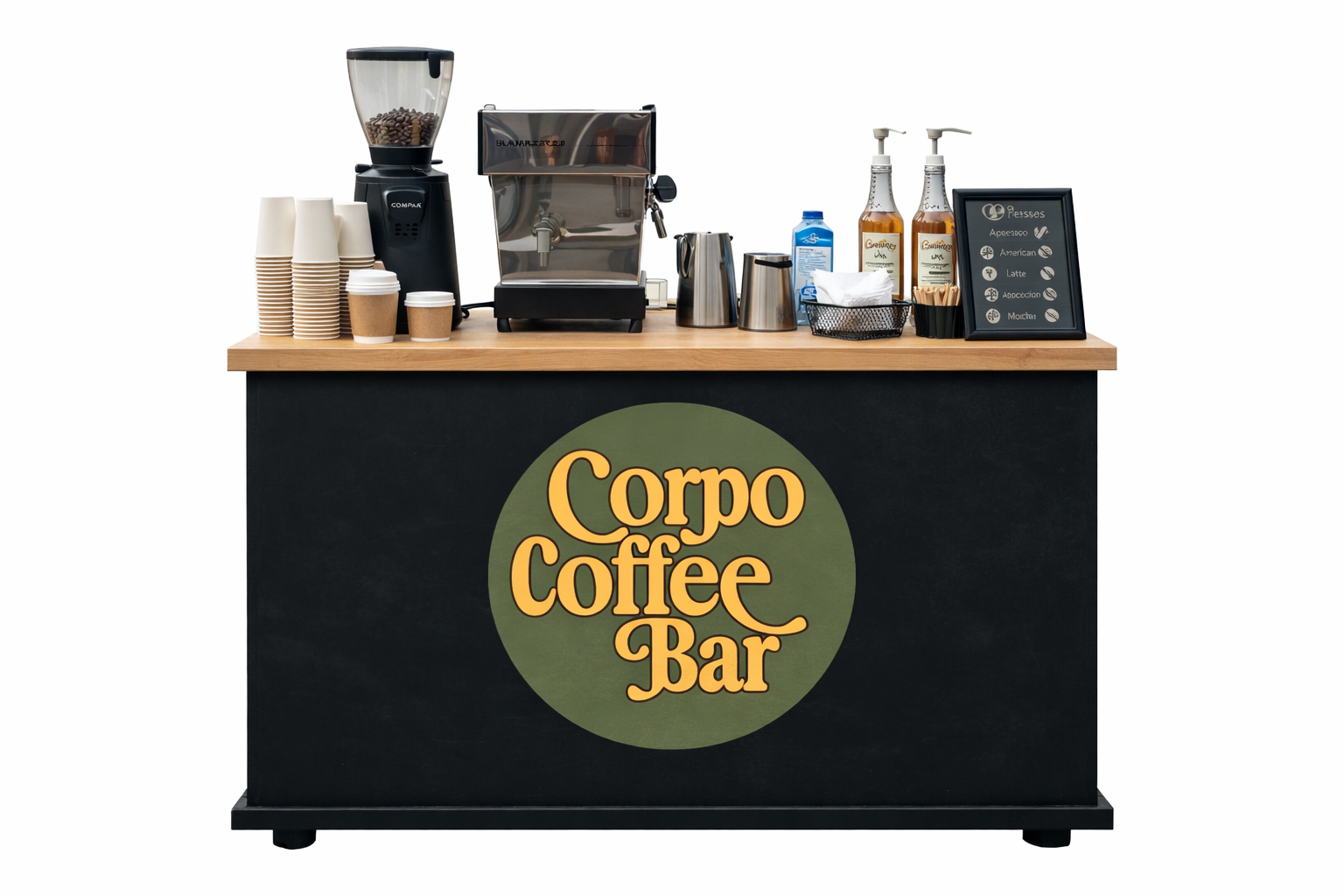 Coffee bar with cups, a coffee machine, syrups, and a sign