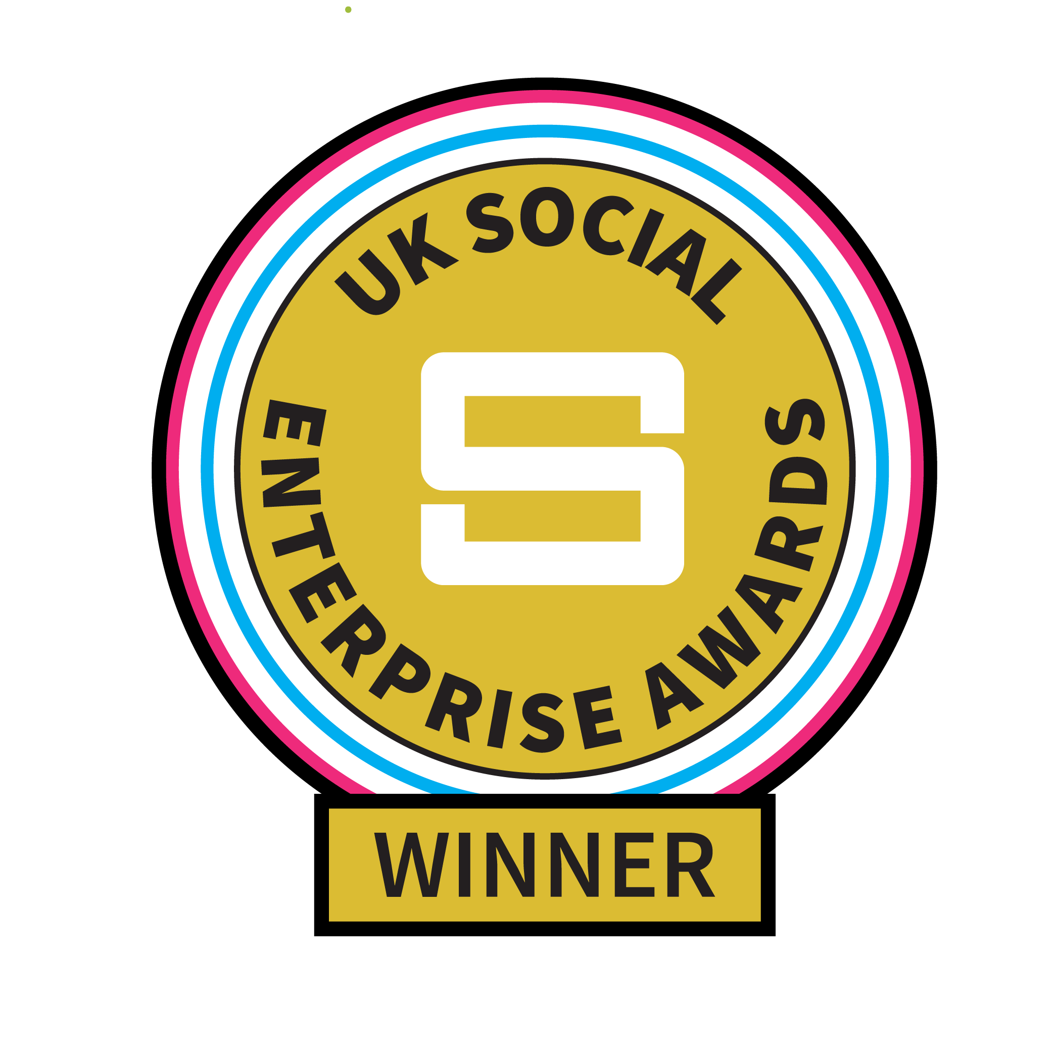 Circular badge with a yellow center and black text reading 'WINNER.' Surrounding the yellow center are multiple concentric rings in white, pink, blue, and black, with the black ring bearing additional text in yellow that states 'THE UK SOCIAL.' The badge design signifies an achievement or award.