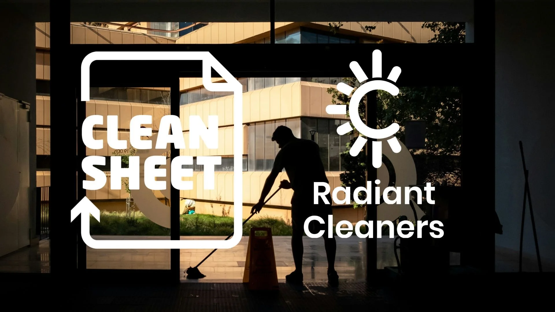 Image of a person cleaning with Radiant Cleaners and Clean Sheet logos