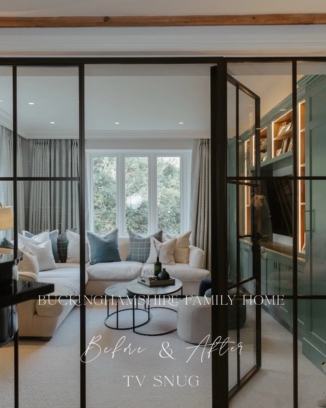 Tired, dated and untouched for many years. Our clients wanted a space that felt lighter and more contemporary for their family TV snug. Introducing steel-framed glass doors and a soft, neutral palette completely transformed the space&mdash;layering t