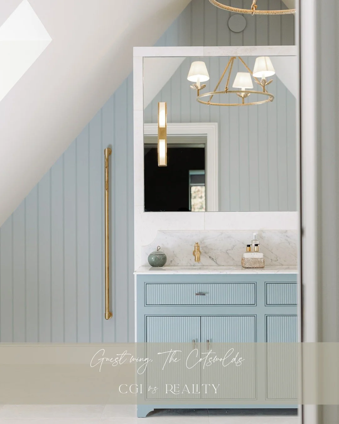 A quiet moment of luxury in our Cotswolds project ✨

Swipe to see the vision brought to life &mdash; from CGI concept to completed guest bathroom. Every detail carefully considered, from the soft powder blue panelling to the warm brass accents and sc