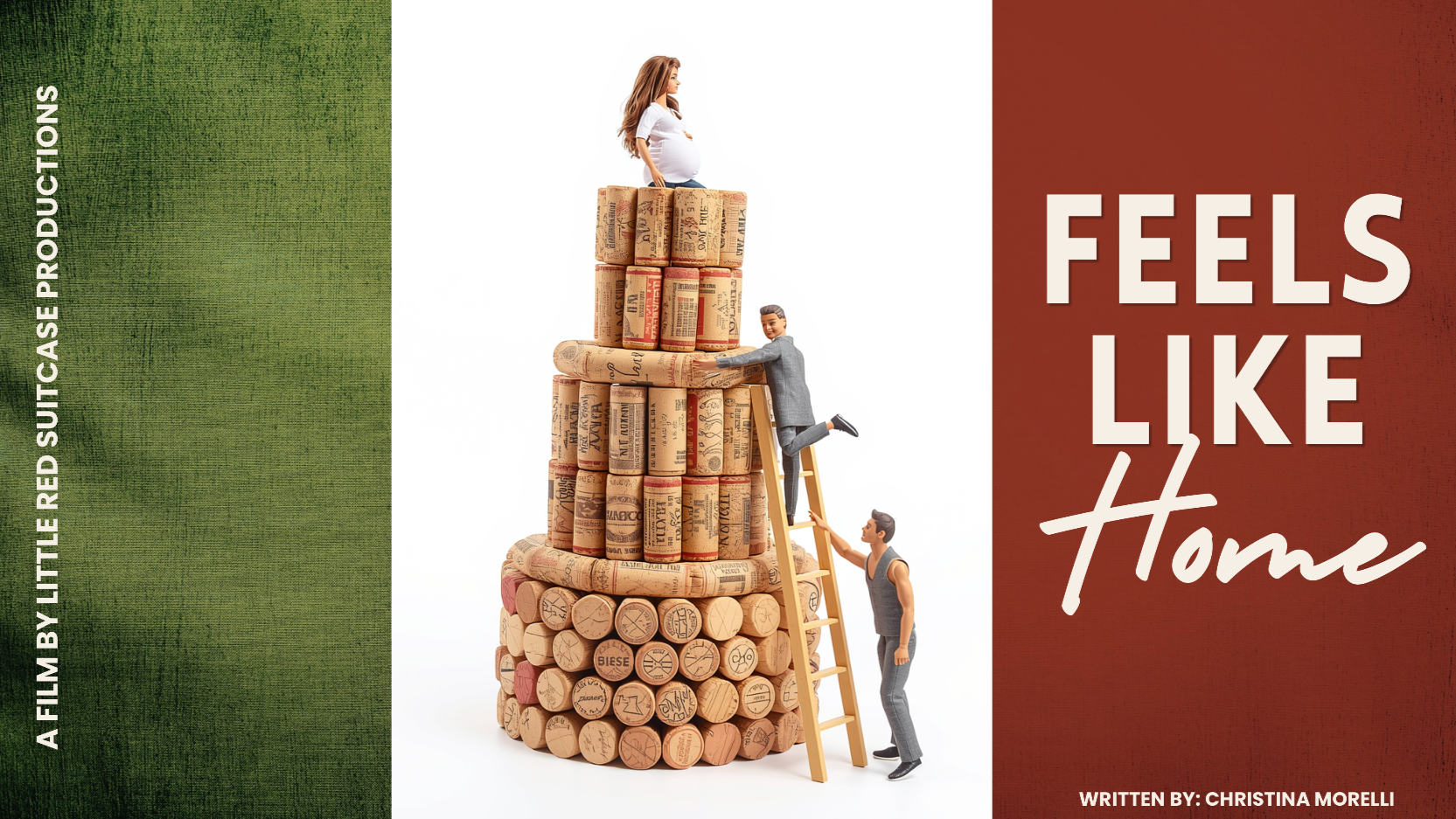 A cake made of wine corks with a miniature pregnant woman on top and two miniature gay men climbing a ladder against a white background, with a red and green flag in the background.