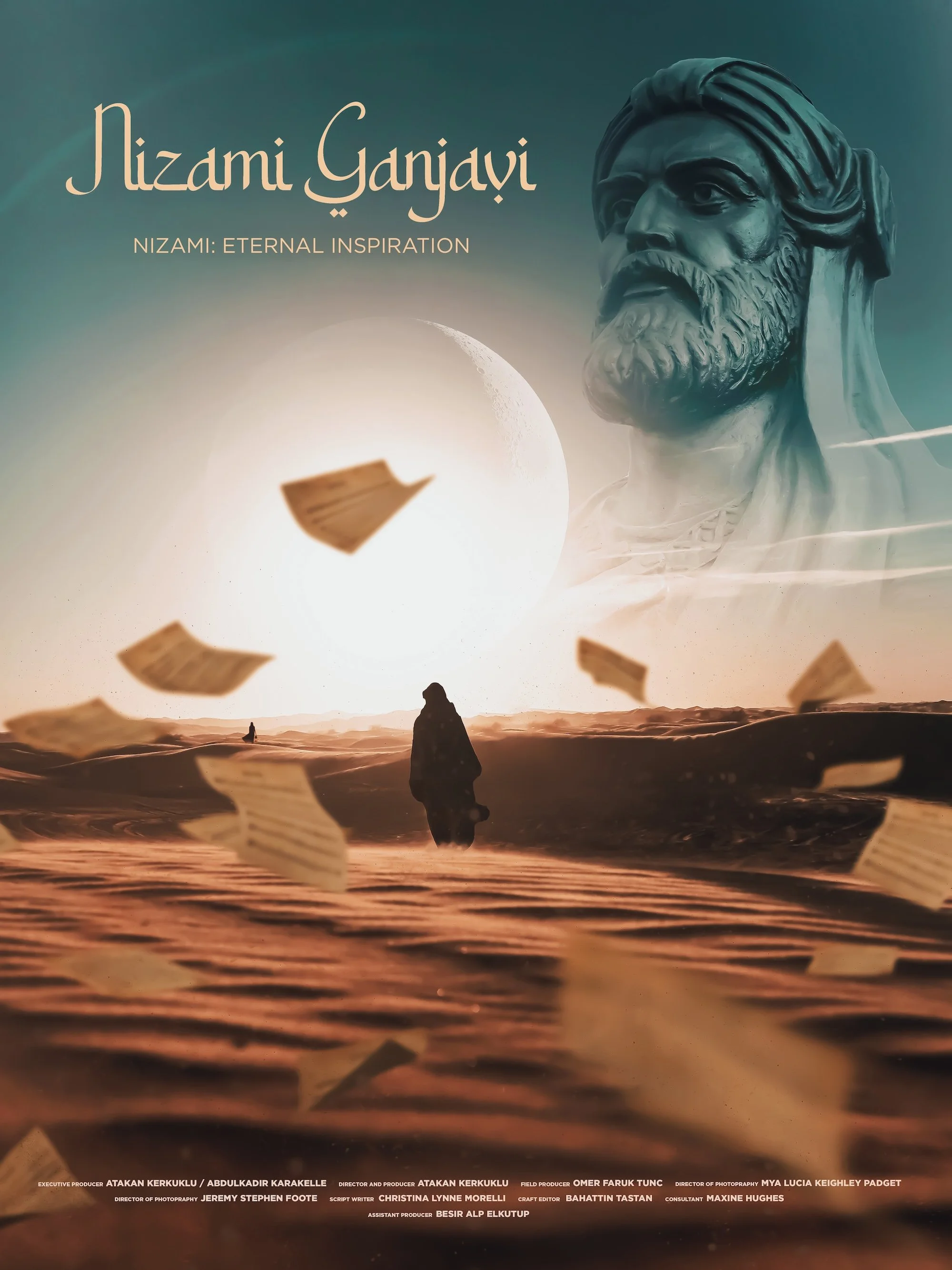 A person walking across a desert landscape with sand dunes, papers flying through the air, and a large moon in the sky. In the background, there's a giant stone bust of a man with a beard and long hair, and a large celestial body with a faint image of the moon. The image contains text in a foreign script with references to Nizami Ganjavi and a subtitle 'NIZAMI: ETERNAL INSPIRATION.'