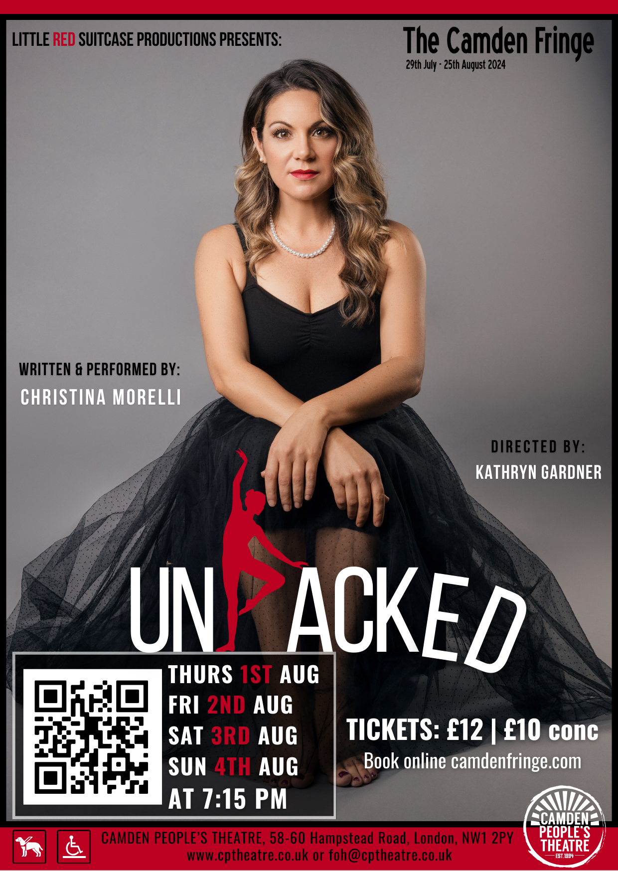 A promotional poster produced by Little Red Suitcase Productions, scheduled for August 2024 at Camden People's Theatre. The poster features a woman with wavy brown hair in a black dress and pearl necklace. It includes performance dates, ticket prices, a QR code for booking, and venue details.