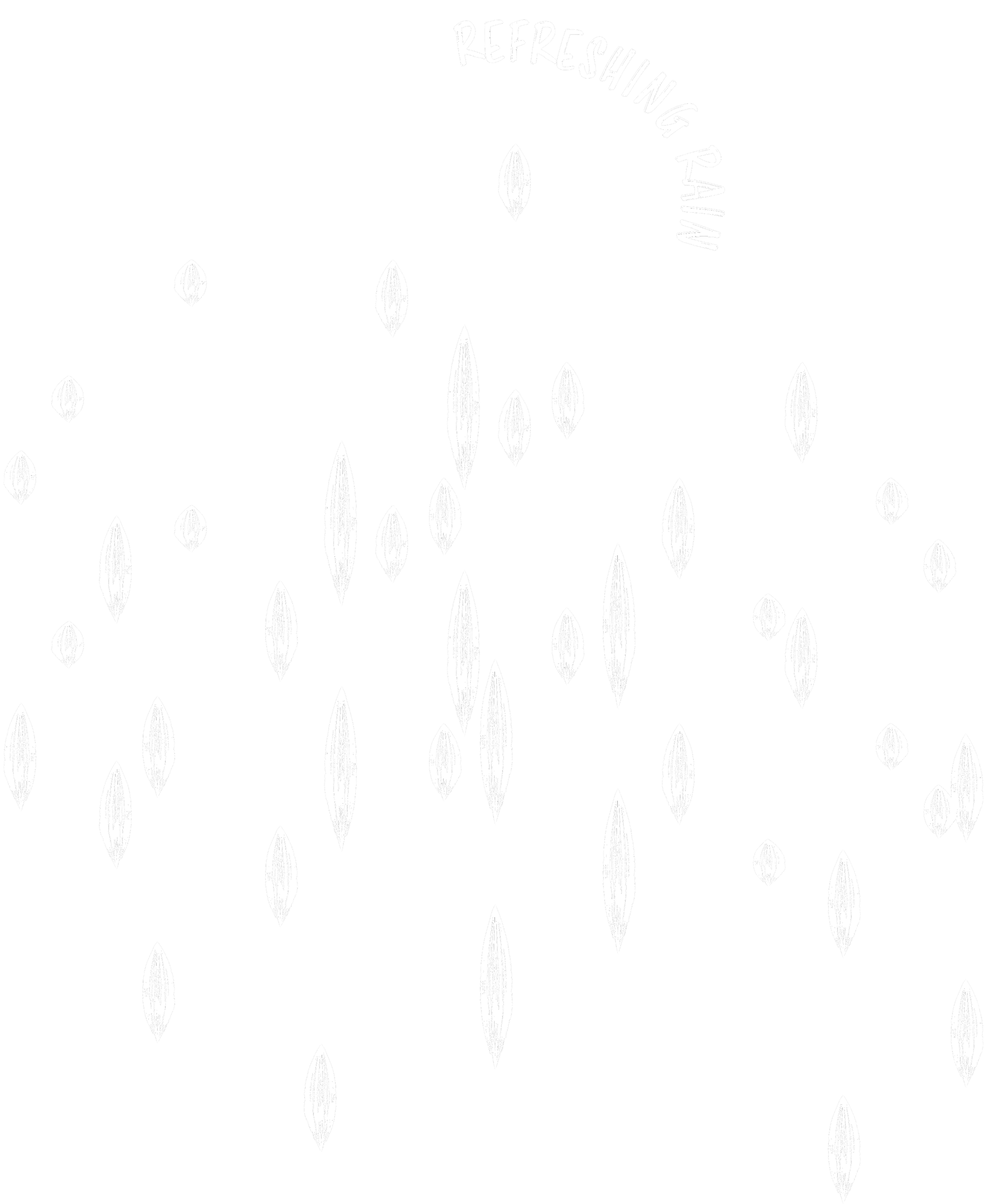 Black background with white oak seed illustrations and the phrase 'Refreshing Rain' in a curved font at the top.