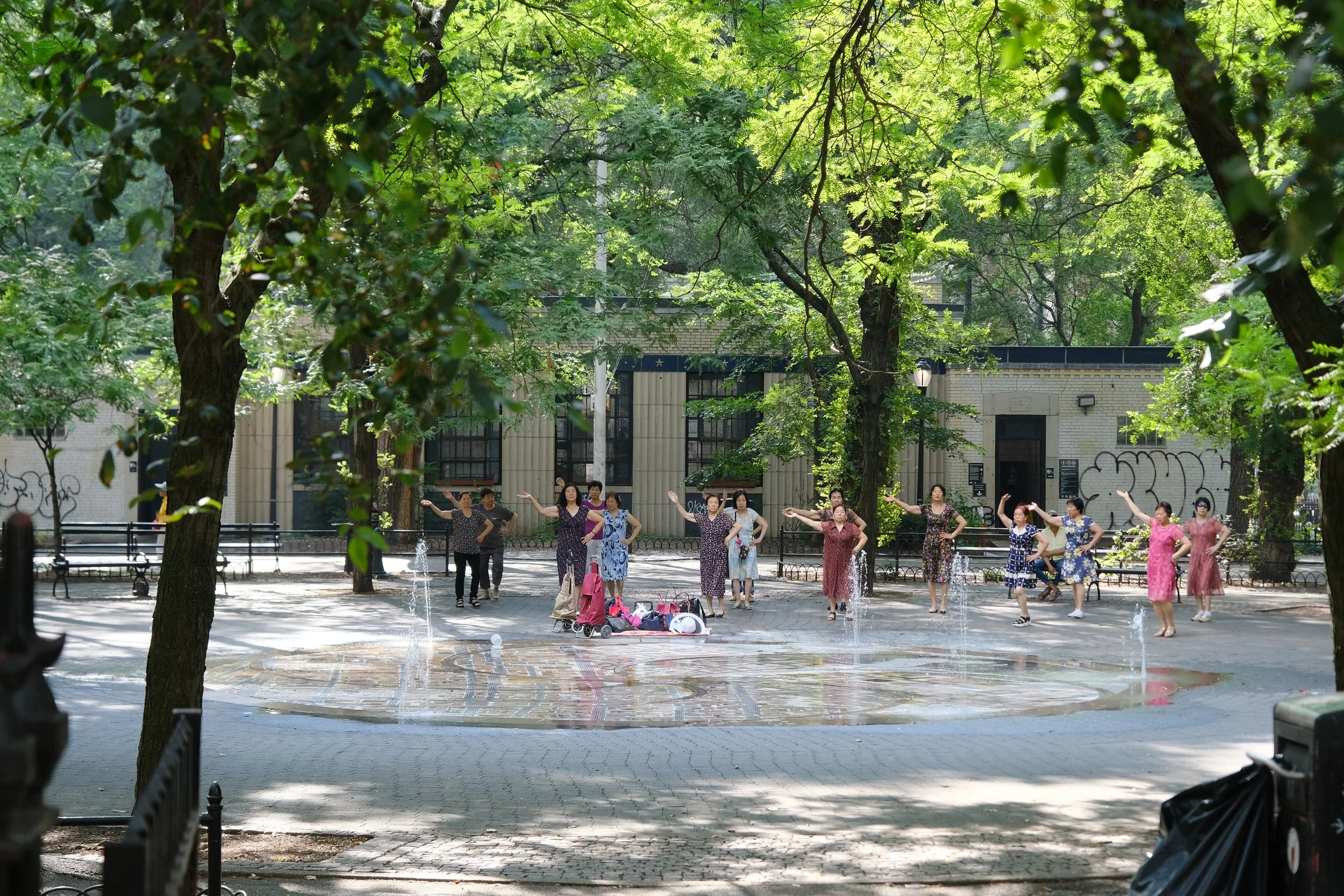 A group of women participating in an outdoor dance or exercise session in a park with tall green trees and a building in the background.