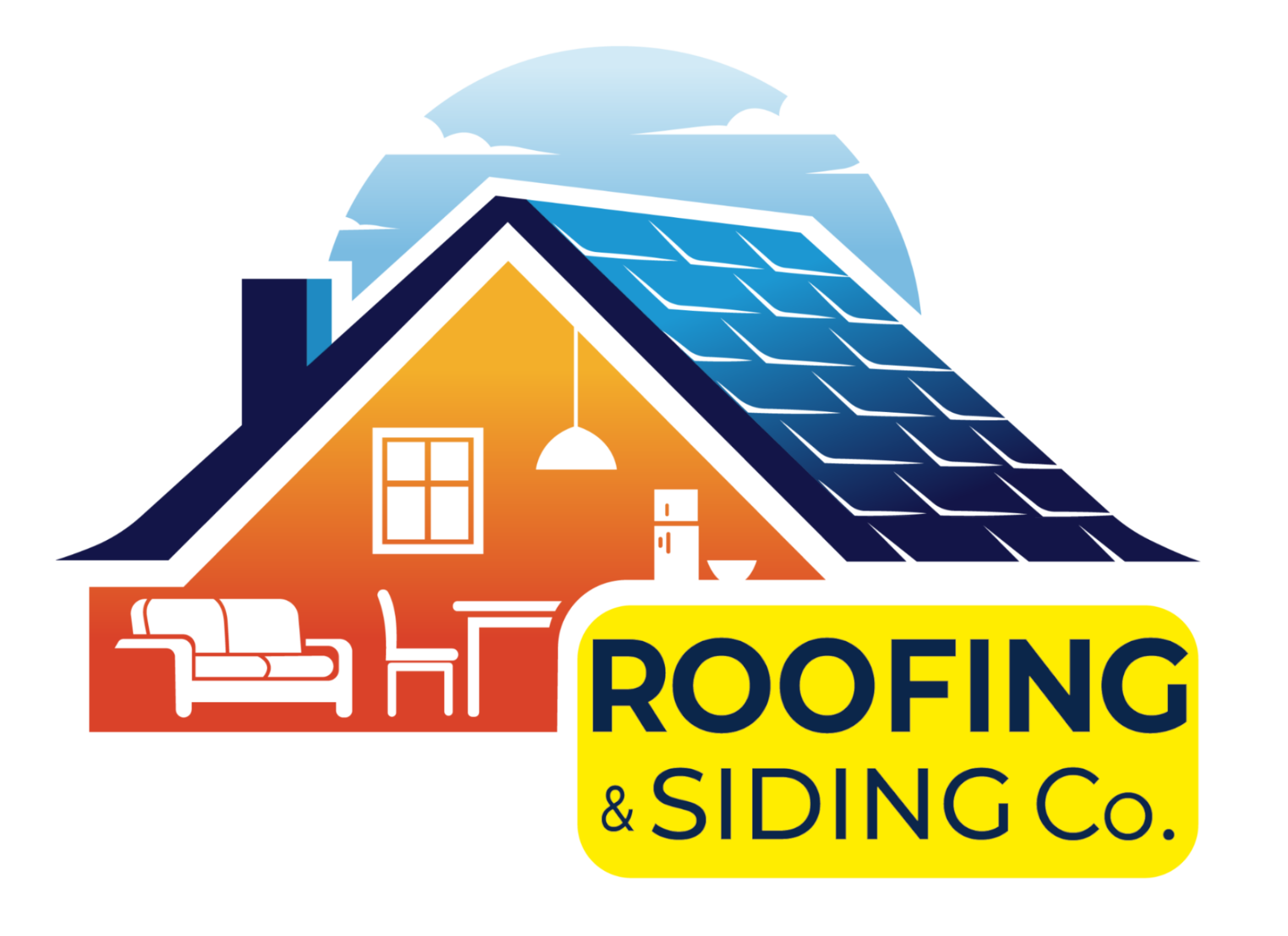 A logo for Roofing & Siding Co. in Greensboro NC, featuring a stylized house with a pitched roof. The house has an orange and yellow roof, and a blue chimney. The company repairs and replaces roofs as well as does other home repairs and painting.