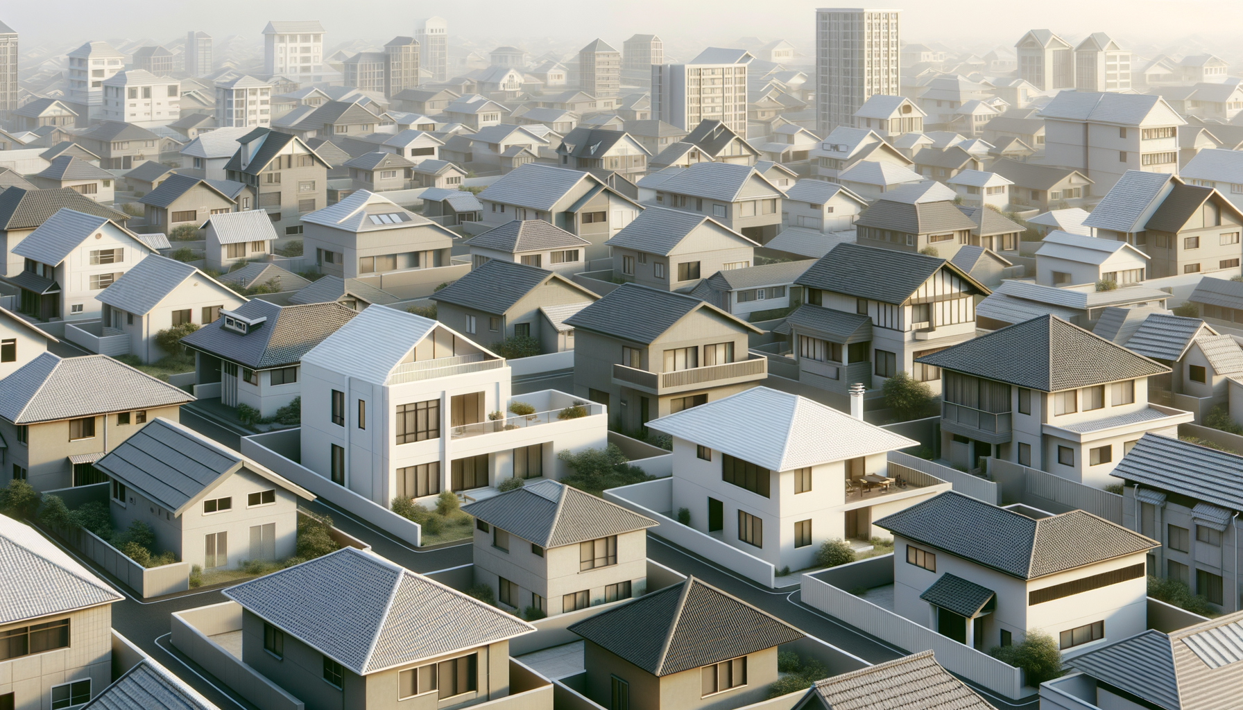 A bird's eye view of a suburban neighborhood the highlights the roofs of each building. Numerous modern houses and high-rise buildings in the background. Modern roof repair for modern home owners.