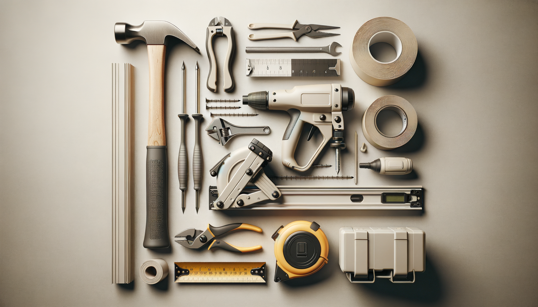 Arrangement of various tools including a hammer, pliers, screwdrivers, a cordless drill, measuring tape, ruler, utility knife, and tape rolls on a flat surface. Roofers with practical skill and the tools needed to deliver on the job.