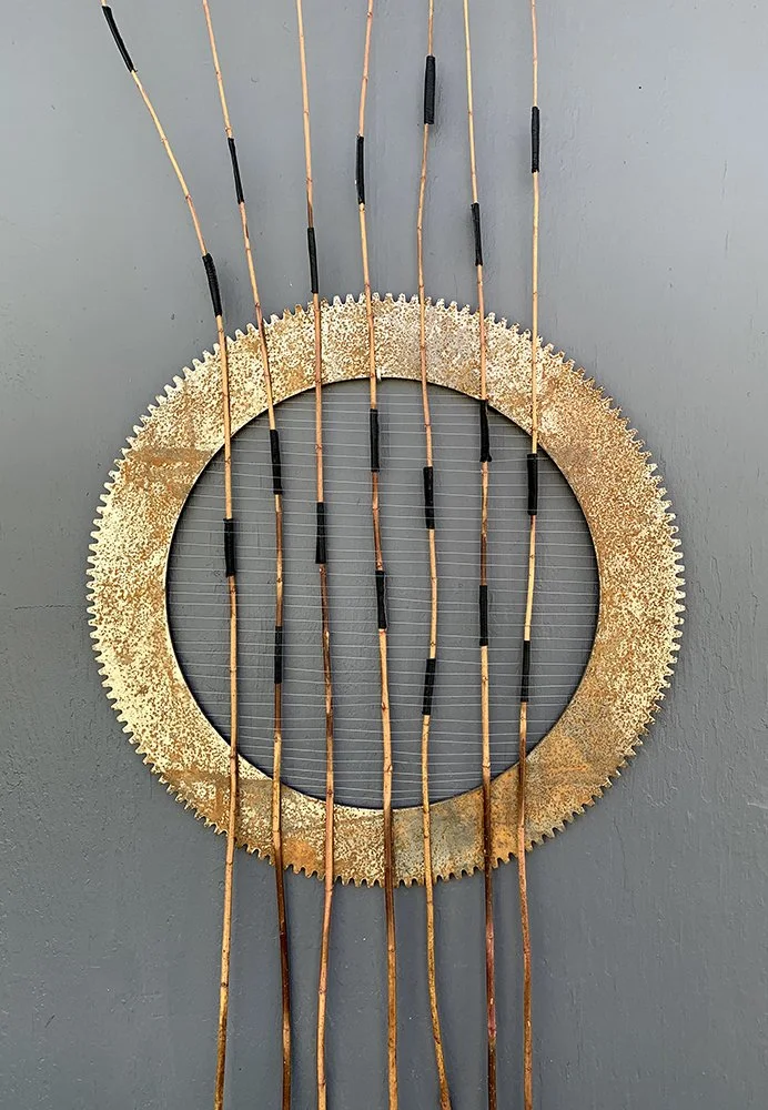 Open-Hearted Warrior 
29.25″ x 6′-4″
Metal, Artist grown Red Twig Dogwood branches, leather, nylon filament
2020