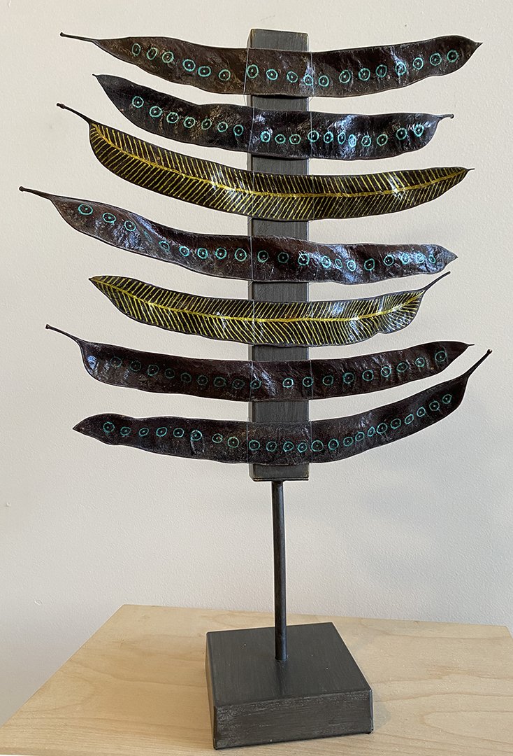 Fertile Flight - SOLD
12.5" x 18" x 4"
Artist collected Honey Locust seed pods, metallic ink embellishment, metal
2022