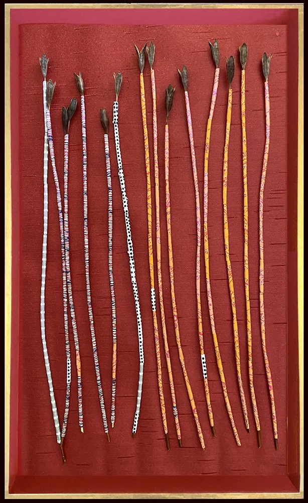  Beginning of Understanding 
19.75″ x 36″ x 3.5″
Artist grown Siberian Iris stems, handmade paper beads, Korean wallpaper, wood, Gold Leaf, paint
2023