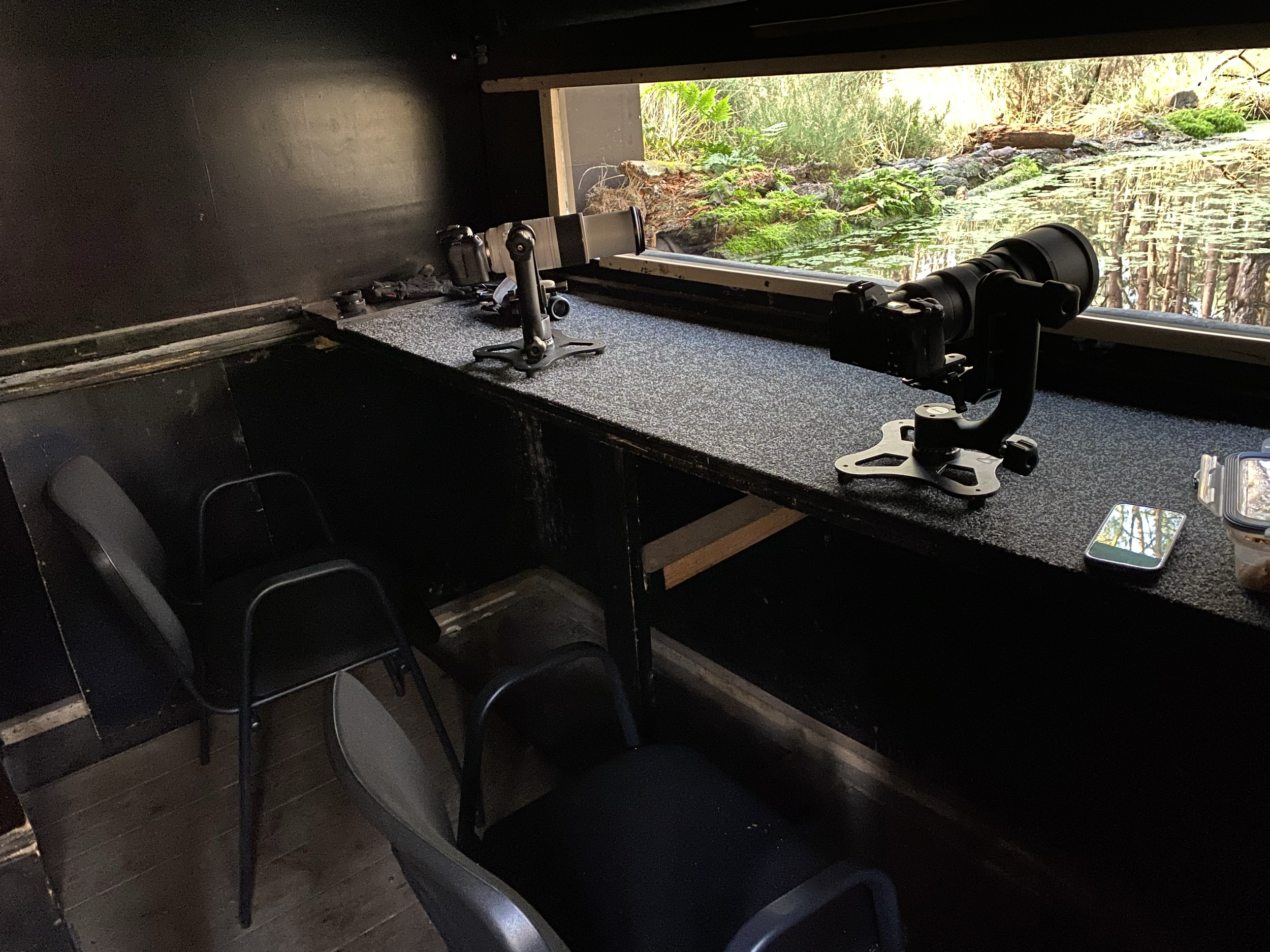 Ein Beobachtungsposten mit einem Fernrohr und einem Smartphone, Blick nach draußen auf einen Wasserlauf mit Pflanzen.