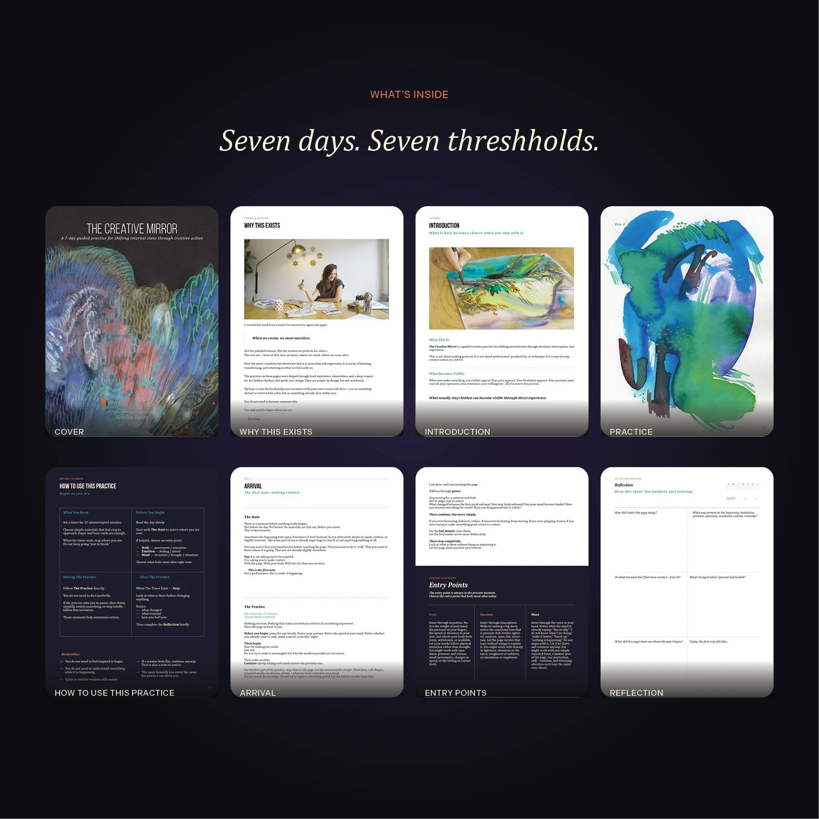 Screenshots of pages from a guide or workbook titled 'Seven days. Seven thresholds' with sections for practice, introduction, reflection, entry points, arrival, and other exercises, featuring colorful artwork and text.